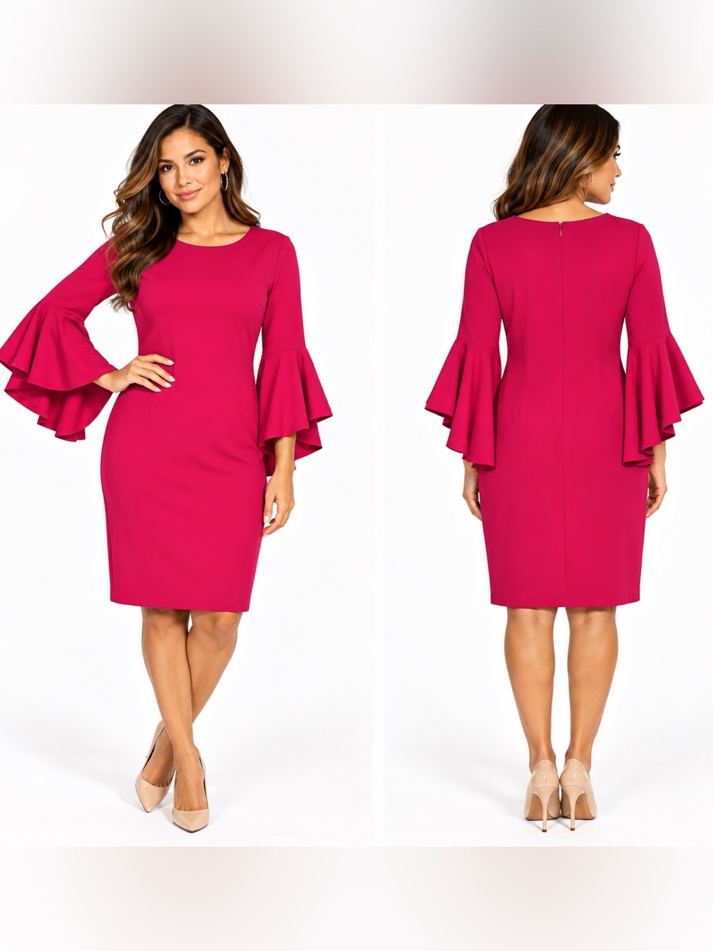 New York & Company Fuchsia Bell-Sleeve Sheath Dress